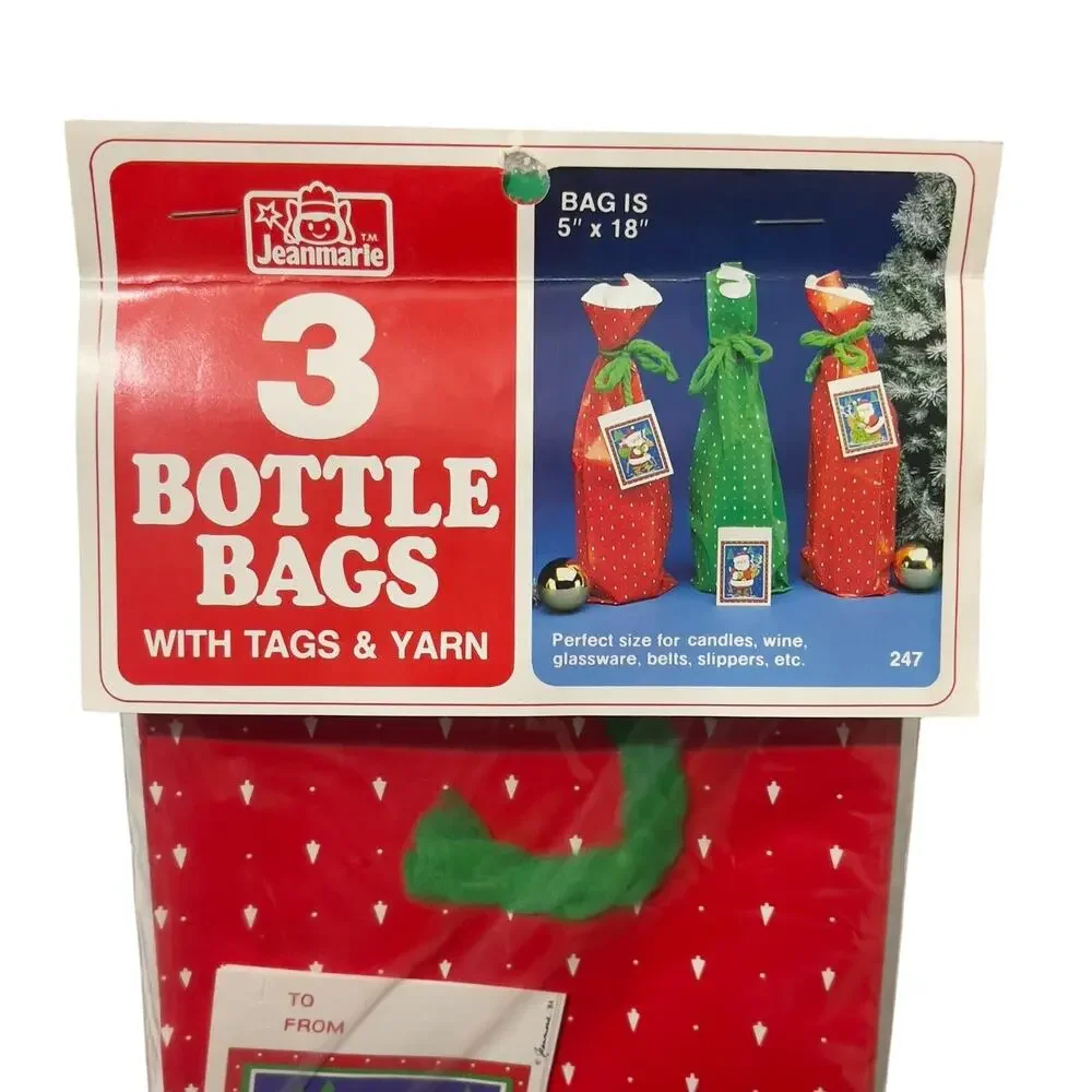 Vintage 1984 Christmas Bottle Bags 3 Jeanmarie Santa Tags Yarn New Old Stock